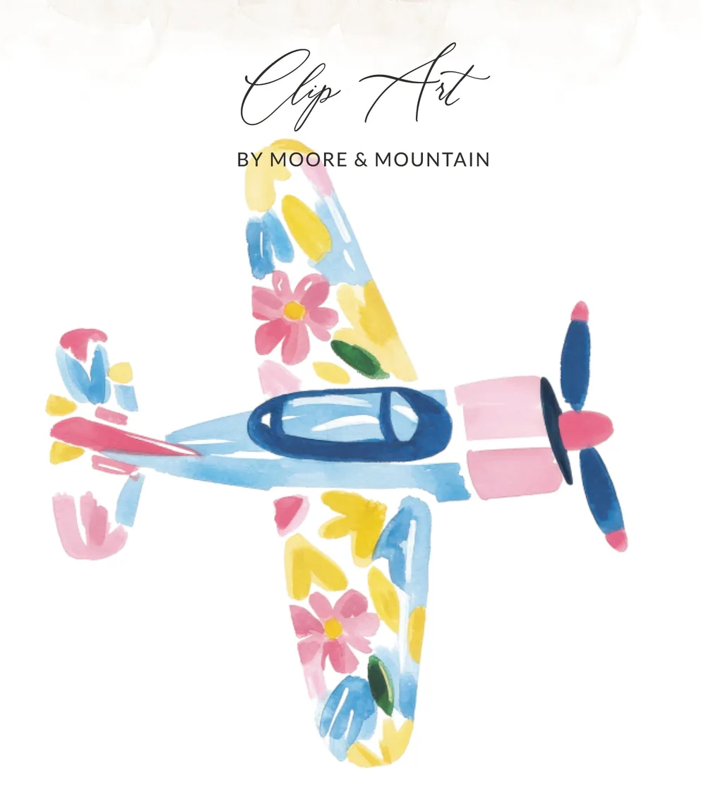 Watercolor airplane with floral patterns and text "Clip Art by Moore & Mountain".