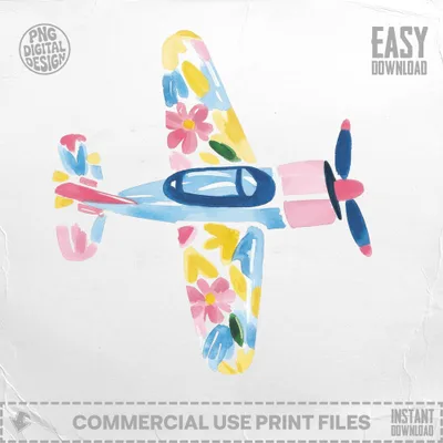 Watercolor airplane with colorful floral pattern and text "Easy Download".