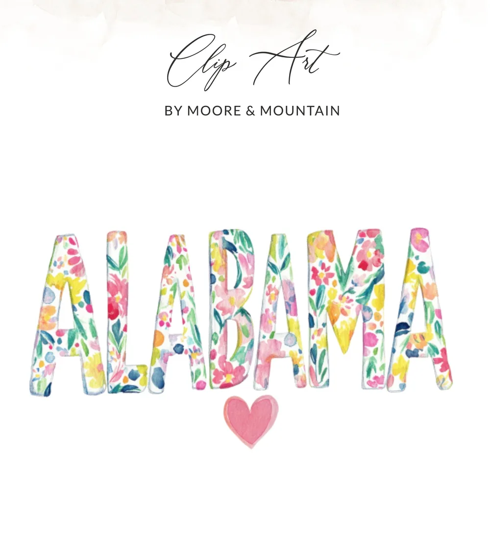 Watercolor "ALABAMA" text with floral letters and pink heart.