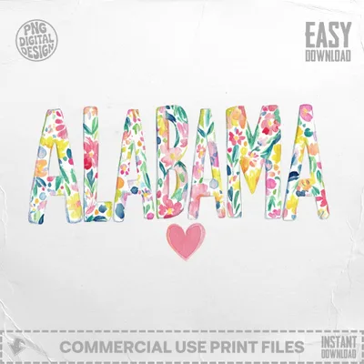 Colorful floral letters spell "ALABAMA" with a pink heart below.