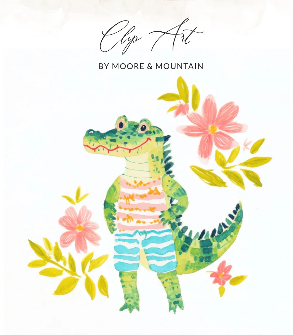 Cartoon alligator wearing striped shirt and patterned shorts surrounded by flowers.