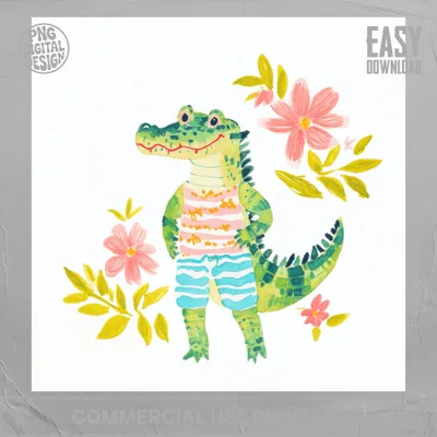 Cartoon alligator wearing striped shirt and striped shorts, surrounded by flowers.