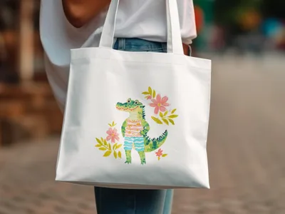 White tote bag with illustration of a smiling alligator wearing shorts and a party hat.