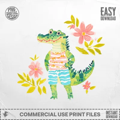 Cartoon alligator wearing striped shirt and shorts, surrounded by flowers.