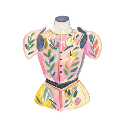 Watercolor illustration of a pink and yellow patterned bodice with shoulder detailing.