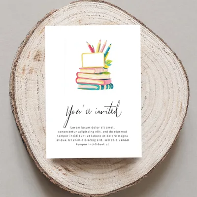Invitation with books and pencils, text says "You're invited"