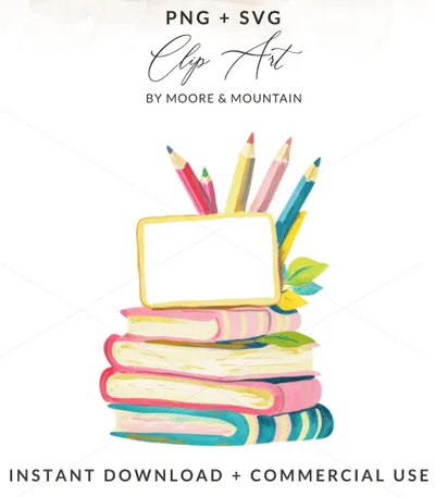 Stack of colorful books with pencils and leaves, "Clip Art" and "Moore & Mountain" text.