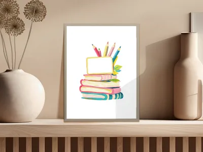 Stack of colorful books with pencils and a blank sign.