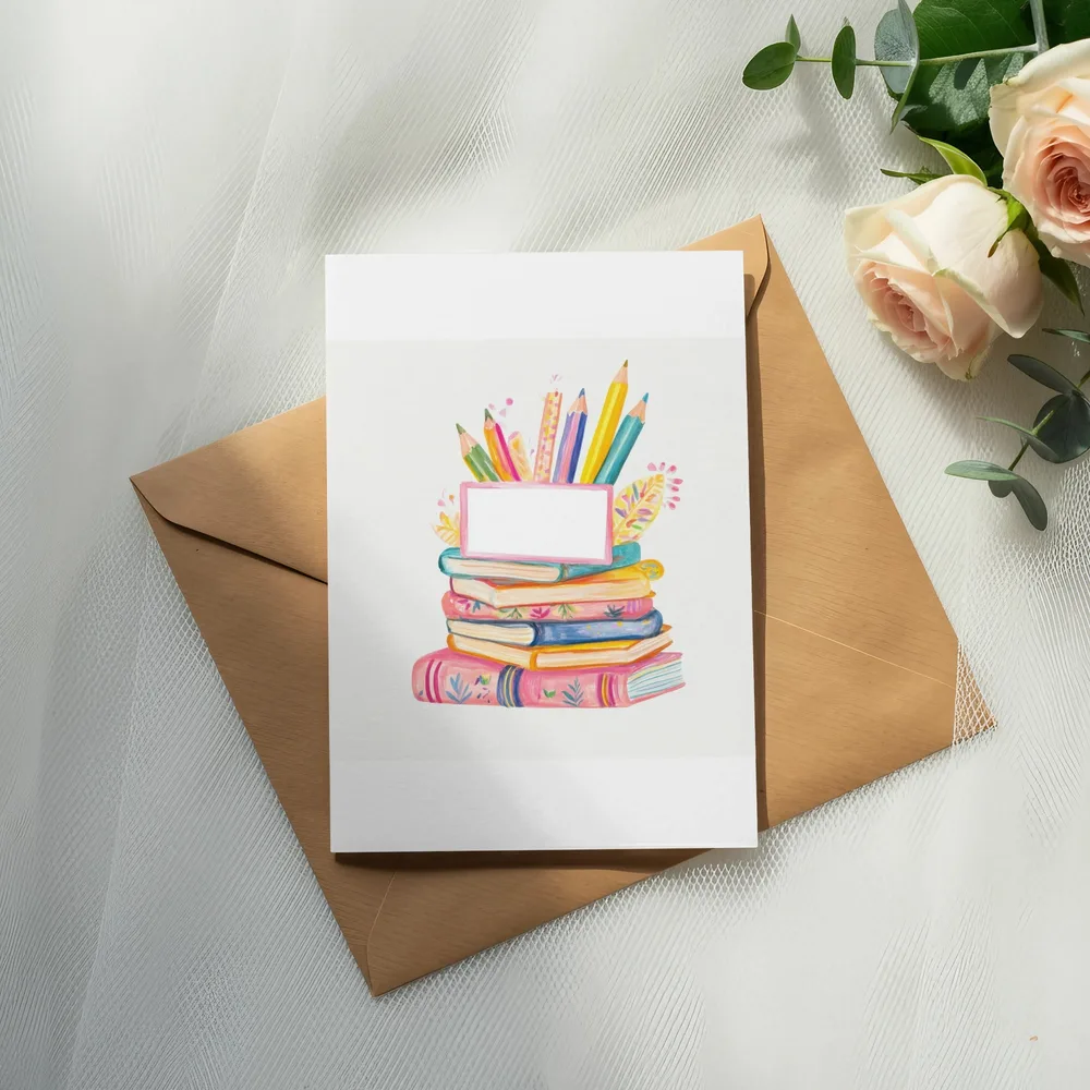 Blank card with books and pencils on a brown envelope.