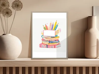 Stack of colorful books with pencils and leaves, in a framed artwork.