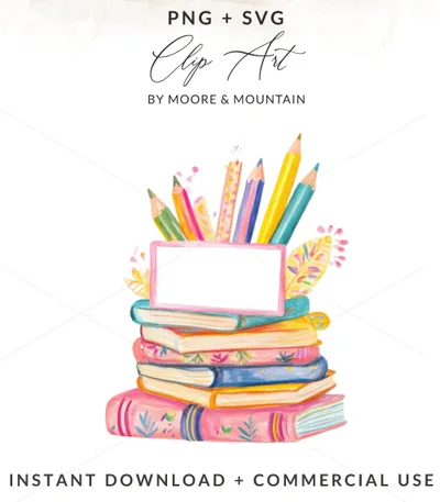 Stack of colorful books with pencils and leaves, blank label.