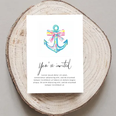 Watercolor anchor with bow invitation, "You're invited" text, and placeholder copy.