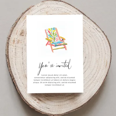 Invitation with colorful beach chair illustration and "You're invited" text.