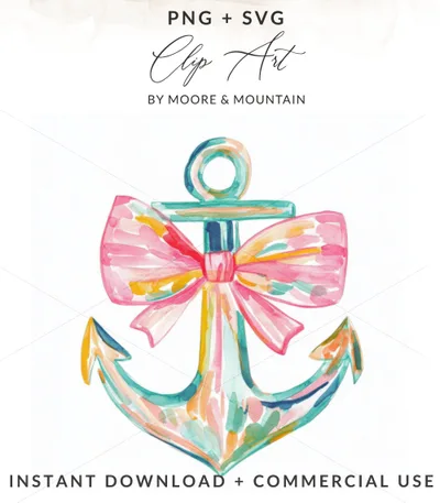 Watercolor anchor with a pink bow, PNG and SVG.