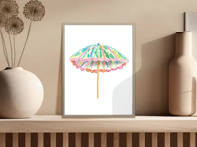 Watercolor illustration of a colorful beach umbrella with scalloped edge.