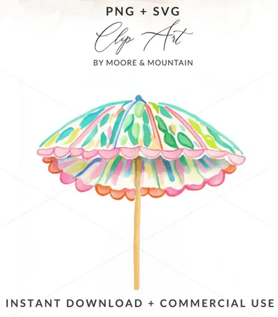 Watercolor beach umbrella with colorful stripes and floral accents.