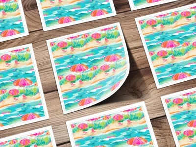 Colorful Beach Scene Stickers with Umbrellas Artwork