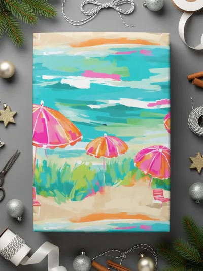 Bright Beach Umbrellas under Blue Sky Art Print