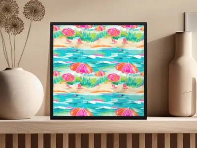 Vibrant Beach Scene Art Print with Colorful Umbrellas