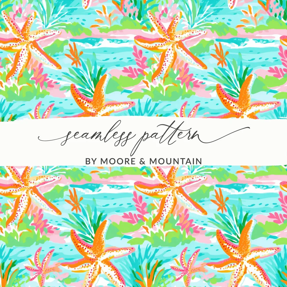 Colorful Starfish and Ocean Plants Seamless Pattern