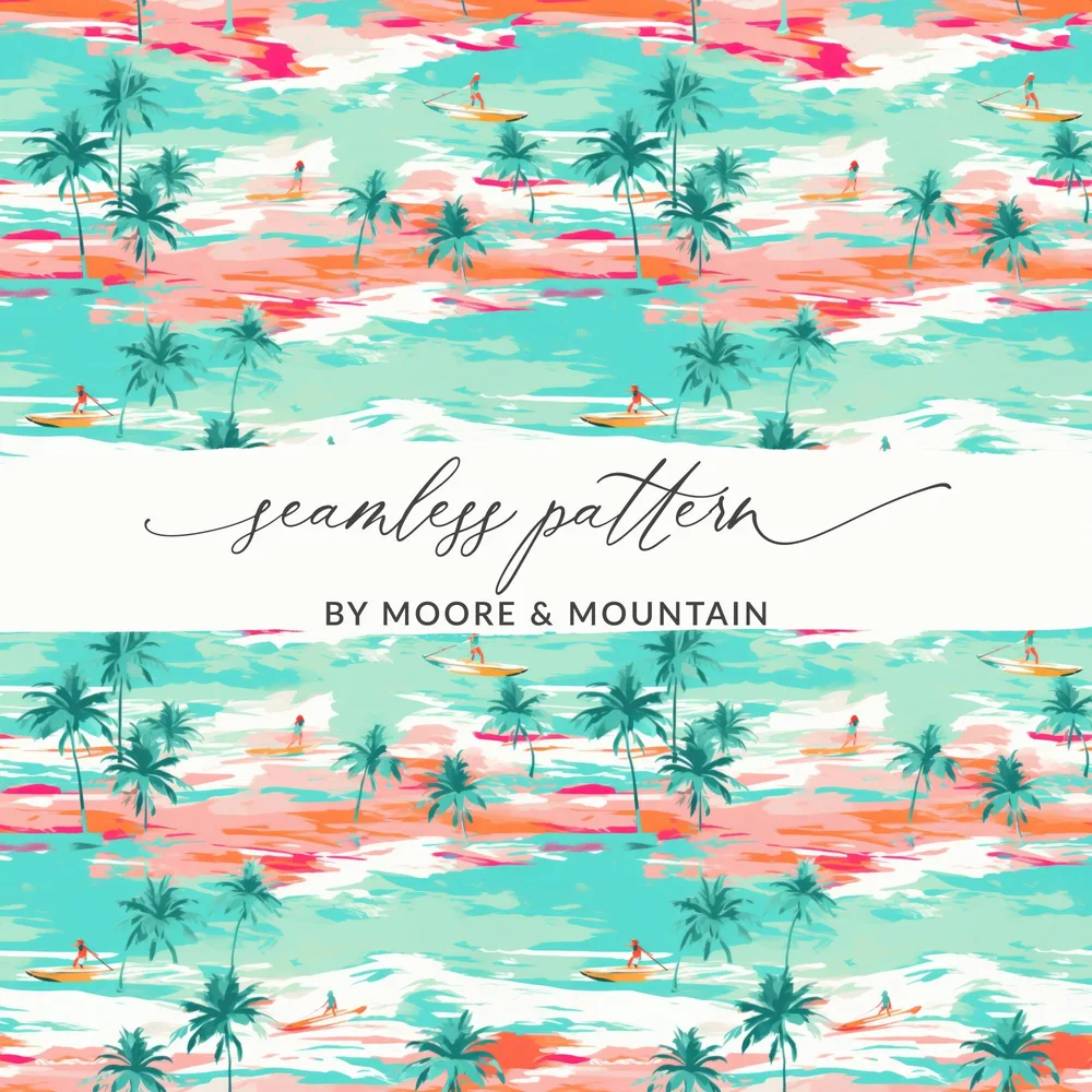Colorful Tropical Surf and Palm Trees Seamless Pattern
