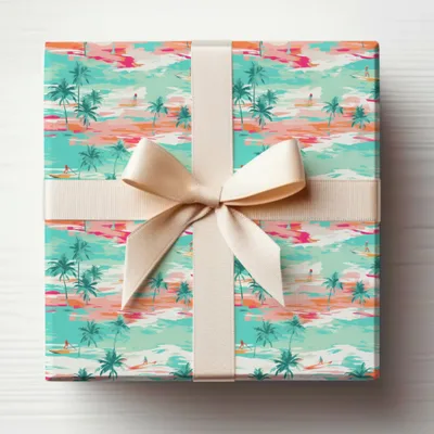 Tropical Beach Palm Trees Gift Wrap with Bow
