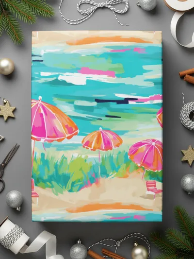 Colorful Beach Scene with Umbrellas Wrapped Gift Box
