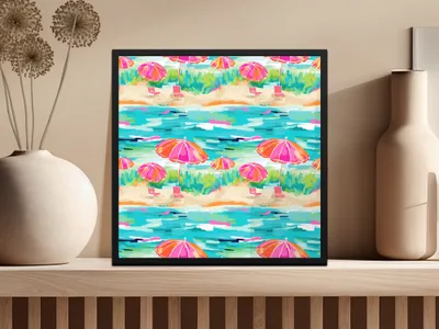 Vibrant Beach Umbrellas and Loungers Framed Art Print