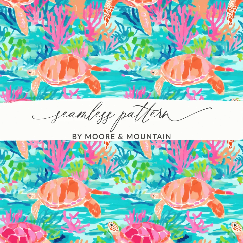 Vibrant Sea Turtle and Coral Forest Seamless Pattern