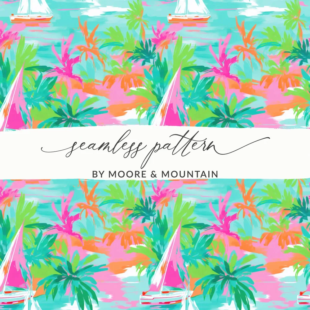 Colorful Tropical Boats and Palm Trees Seamless Pattern