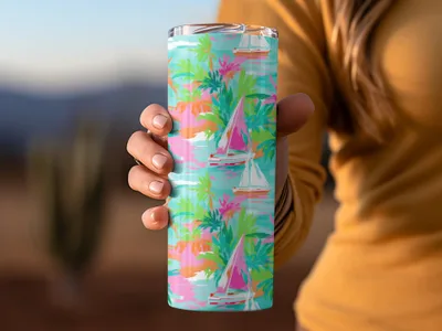 Colorful Tropical Sailboat Design Tumbler Cup Product