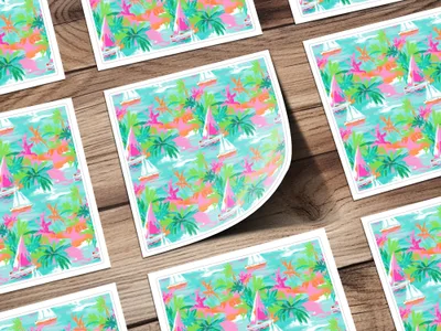Colorful Tropical Palm Trees and Sailboats Pattern product type