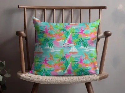 Vibrant Tropical Sailboat Print Decorative Pillow Pillow