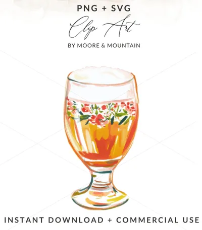 Watercolor illustration of a stemmed glass filled with a fruity, bubbly drink and flower garnish.