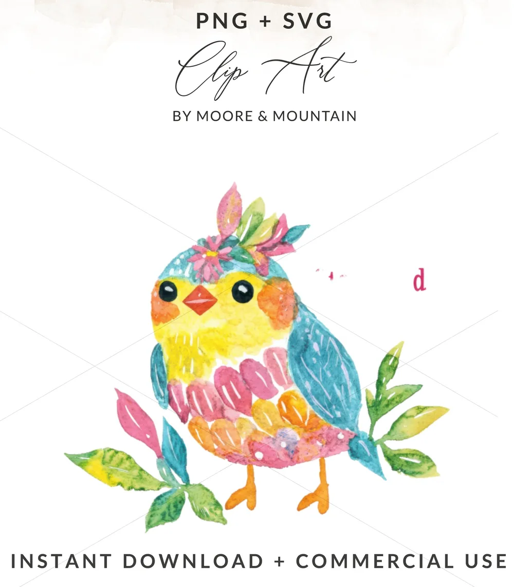 Watercolor bird with colorful wings and floral headpiece, clip art.