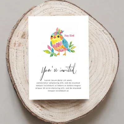 Invitation with colorful bird and "Stay Kind" text.