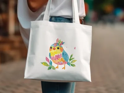 White tote bag with a colorful watercolor bird illustration.