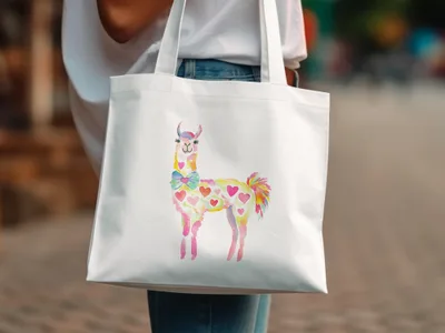 White tote bag with a colorful llama illustration featuring heart details.