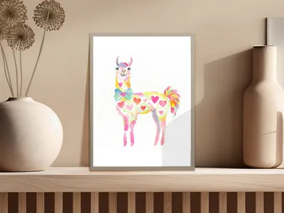 Watercolor llama adorned with hearts, wearing a ribbon bow.