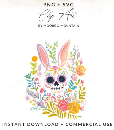Preppy Bunny Skull Floral, Digital Download, Easter Sugar Skull PNG, Colorful Sticker Design, Cricut SVG Download, Whimsical Cartoon Clipart