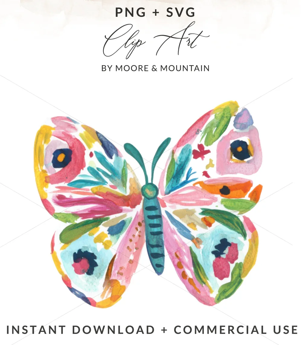 Colorful watercolor butterfly with "PNG + SVG" and "Instant Download" text.