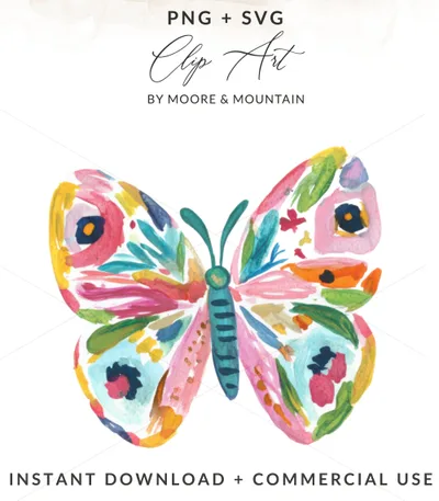 Preppy Butterfly Clipart, Vibrant PNG Download, Cute Fantasy Animal, Colorful Sticker Design, Rainbow Aesthetic Art, Digital Art Files