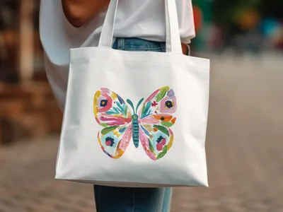 White tote bag with a colorful, abstract butterfly design.