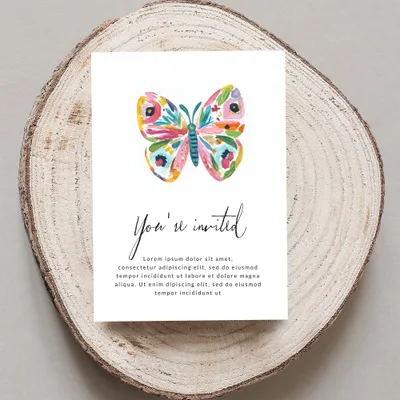 Colorful butterfly invitation with "You're invited" text.