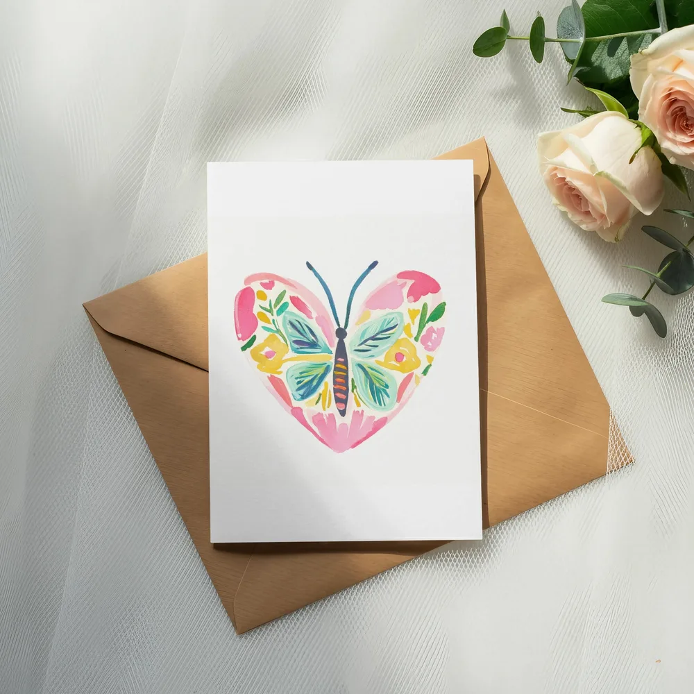 Card with butterfly and floral heart design on envelope, with roses.