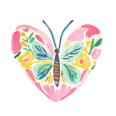 Heart-shaped butterfly illustration with floral patterns and black background.