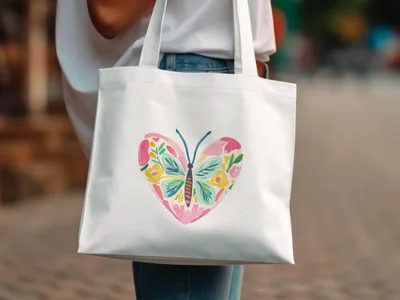 White canvas tote bag with a watercolor heart butterfly design.