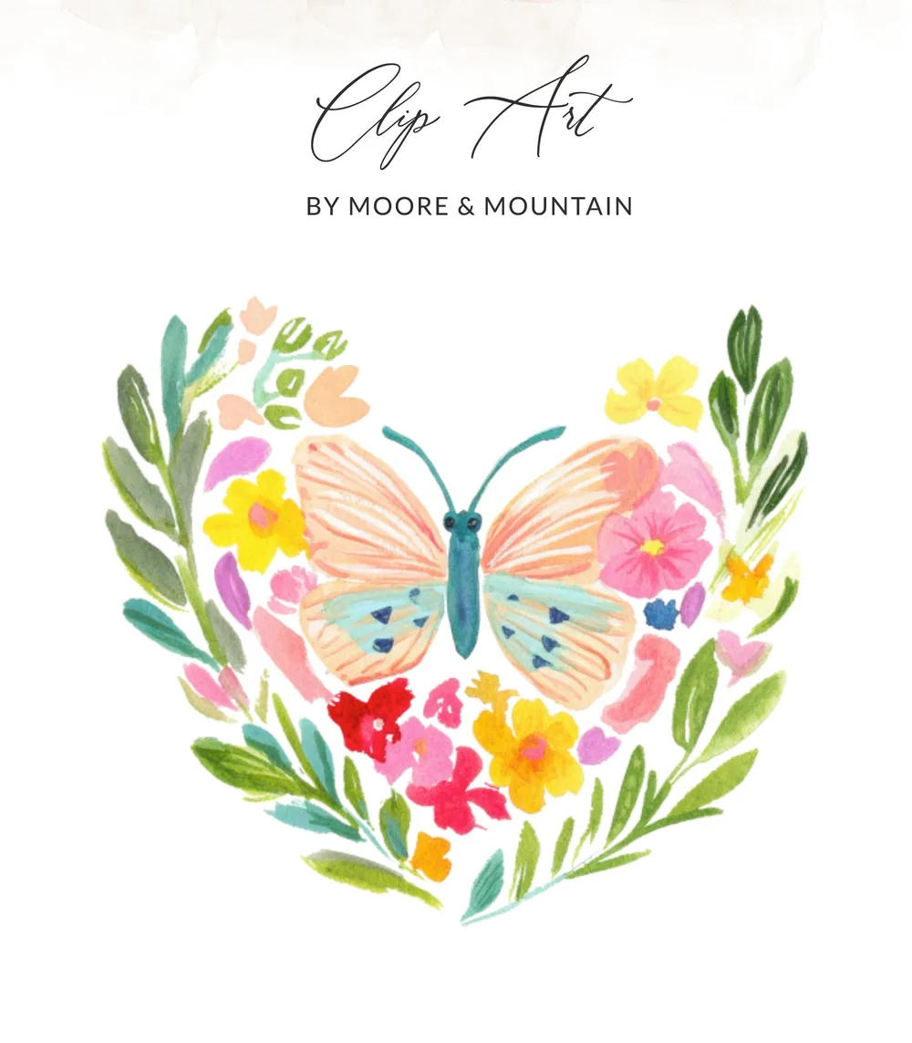 Watercolor butterfly and floral heart with "Clip Art" text.
