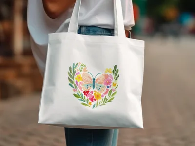 White tote bag with heart-shaped floral design featuring a butterfly.