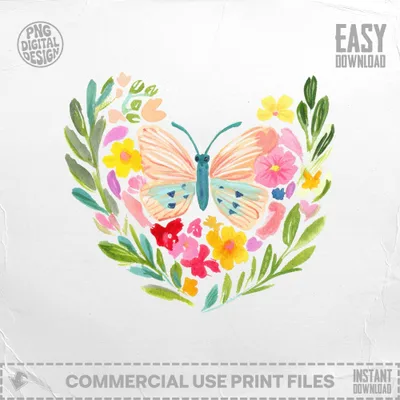 Watercolor butterfly surrounded by a heart-shaped floral wreath.